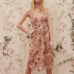 For Love & Lemons | Botanic Embroidered Nude Midi Dress